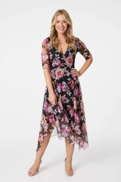 Floral Wrap Front Mesh Midi Dress