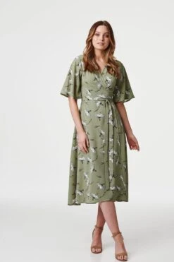 Bird Print Midi Wrap Dress