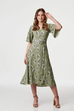 Bird Print Midi Wrap Dress -Girls Zone D162389 SAGE 2