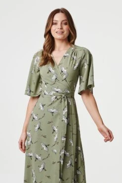 Bird Print Midi Wrap Dress -Girls Zone D162389 SAGE 5