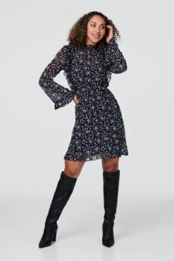 Floral Frilled Sleeve Skater Dress