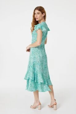 Floral V-Neck Frilled Midi Dress -Girls Zone D163312 GREEN 5