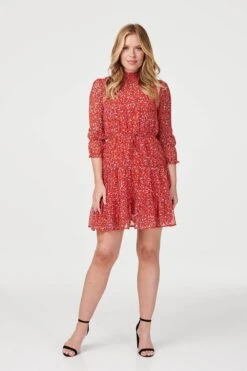 Ditsy Print 3/4 Sleeve Skater Dress -Girls Zone D163631 RED 1