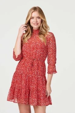 Ditsy Print 3/4 Sleeve Skater Dress -Girls Zone D163631 RED 2
