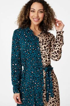 Animal Print Colour Block Shirt Dress -Girls Zone D163696 TEAL 4