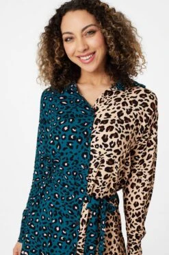 Animal Print Colour Block Shirt Dress -Girls Zone D163696 TEAL 5
