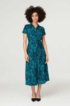 Paisley Tie Waist Shirt Dress