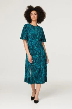 Paisley Front Split Midi Dress