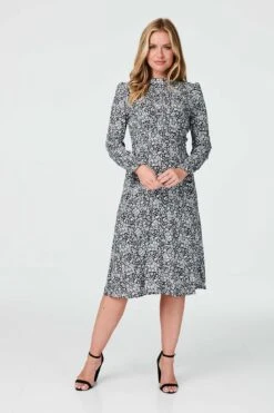 Floral High Neck Long Sleeve Dress
