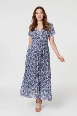 Floral Wrap Pleated Maxi Dress