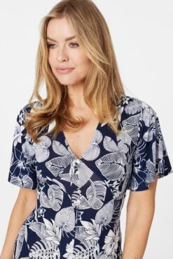 Leaf Print Front Split Midi Dress 9 Leaf Print Front Split Midi Dress -Girls Zone D164789 NAVY 4