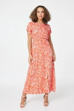 Printed Short Sleeve Maxi Dress -Girls Zone D165050 CORAL 1