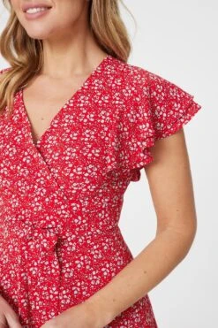 Ditsy Floral Frill Sleeve Dress -Girls Zone D165058 RED 3