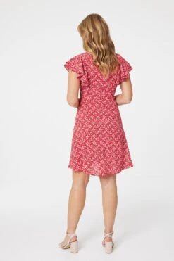Ditsy Floral Frill Sleeve Dress -Girls Zone D165058 RED 5