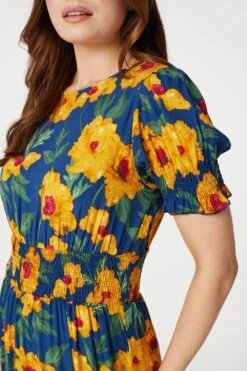 Floral Split Front Midi Tea Dress -Girls Zone D165065 MULTI BLUE 4