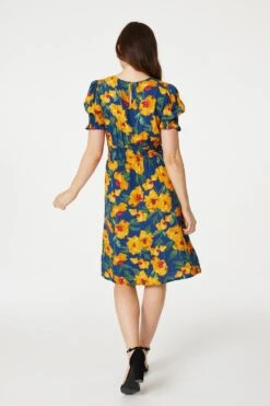 Floral Split Front Midi Tea Dress -Girls Zone D165065 MULTI BLUE 5