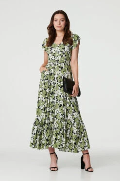 Floral Print Split Hem Maxi Dress -Girls Zone D165079 GREEN 1