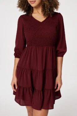 1/2 Sleeve Smocked Mini Dress -Girls Zone D165195 WINE 3