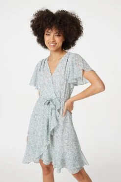 Printed Flare Sleeve Wrap Dress