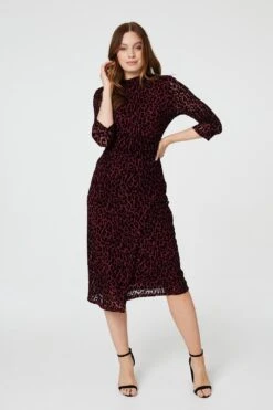 Leopard Print Bodycon Midi Dress -Girls Zone D166090 WINE 2
