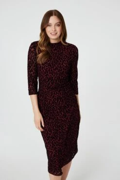 Leopard Print Bodycon Midi Dress -Girls Zone D166090 WINE 3
