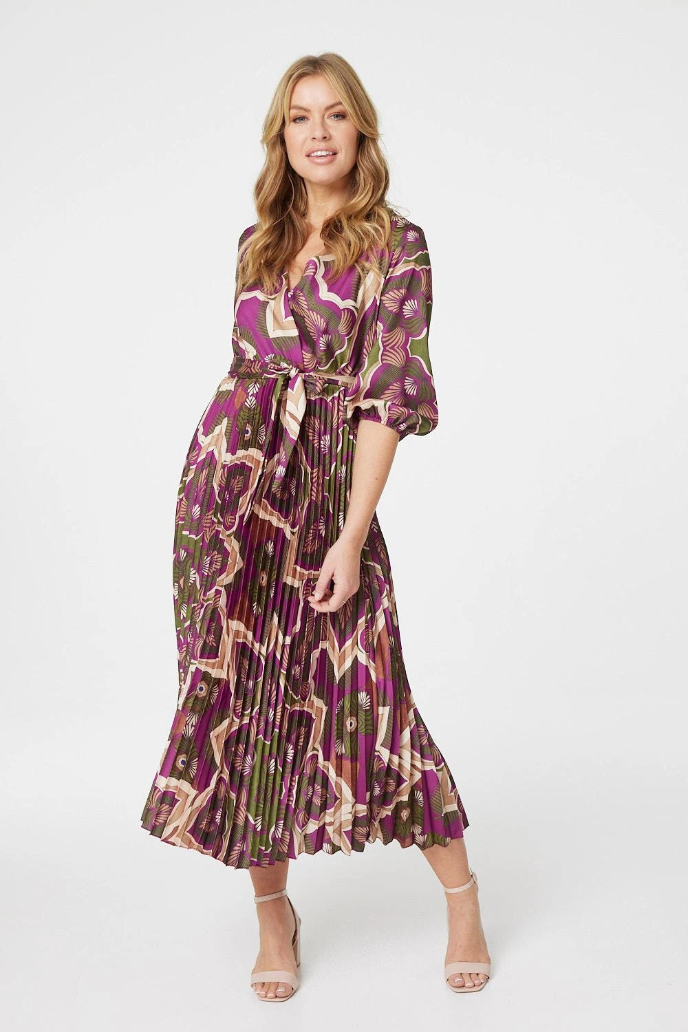 Printed 3/4 Sleeve Satin Wrap Dress 1 Printed 3/4 Sleeve Satin Wrap Dress