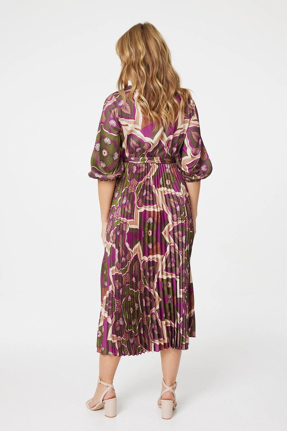 Printed 3/4 Sleeve Satin Wrap Dress 3 Printed 3/4 Sleeve Satin Wrap Dress - Image 3