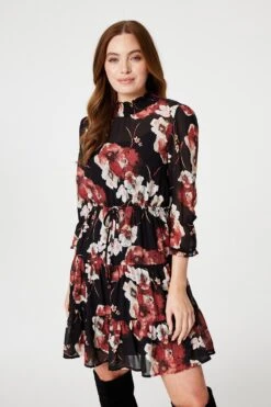 Floral High Neck Smock Dress