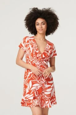 Leaf Print Ruffle Mini Dress