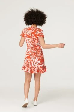 Leaf Print Ruffle Mini Dress -Girls Zone D167628 ORANGE 4