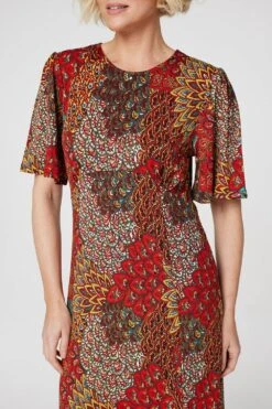 Peacock Print Jersey Midi Dress -Girls Zone D167730 ORANGE 5