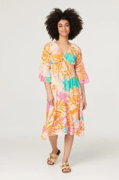 Floral Flare Sleeve Midi Dress -Girls Zone D168090 ORANGE 1