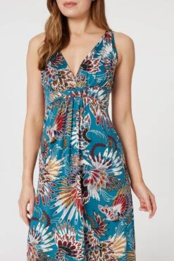 Feather Print Empire Maxi Dress -Girls Zone D168121 TEAL 4