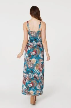 Feather Print Empire Maxi Dress -Girls Zone D168121 TEAL 5
