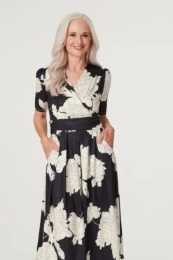 Monochrome Floral Ruched Waist Dress -Girls Zone D168415 MULTI BLACK 3