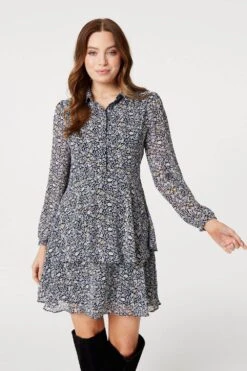 Floral Layered Hem Shirt Dress