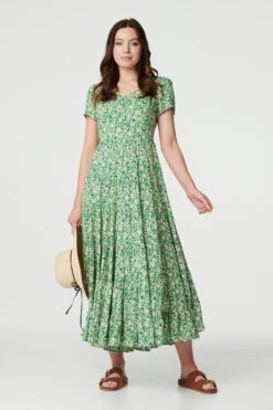 Vintage Floral Pleated Midi Dress -Girls Zone D168535 MULTI GREEN 1