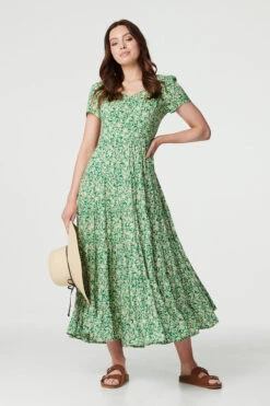Vintage Floral Pleated Midi Dress
