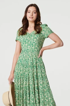 Vintage Floral Pleated Midi Dress -Girls Zone D168535 MULTI GREEN 3