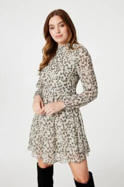 Animal Print High Neck Mini Dress 12 Animal Print High Neck Mini Dress -Girls Zone D168739 CREAM 2