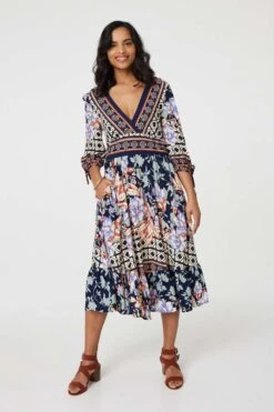 Floral Border Print V-Neck Midi Dress 11 Floral Border Print V-Neck Midi Dress -Girls Zone D169171 MULTI NAVY 1