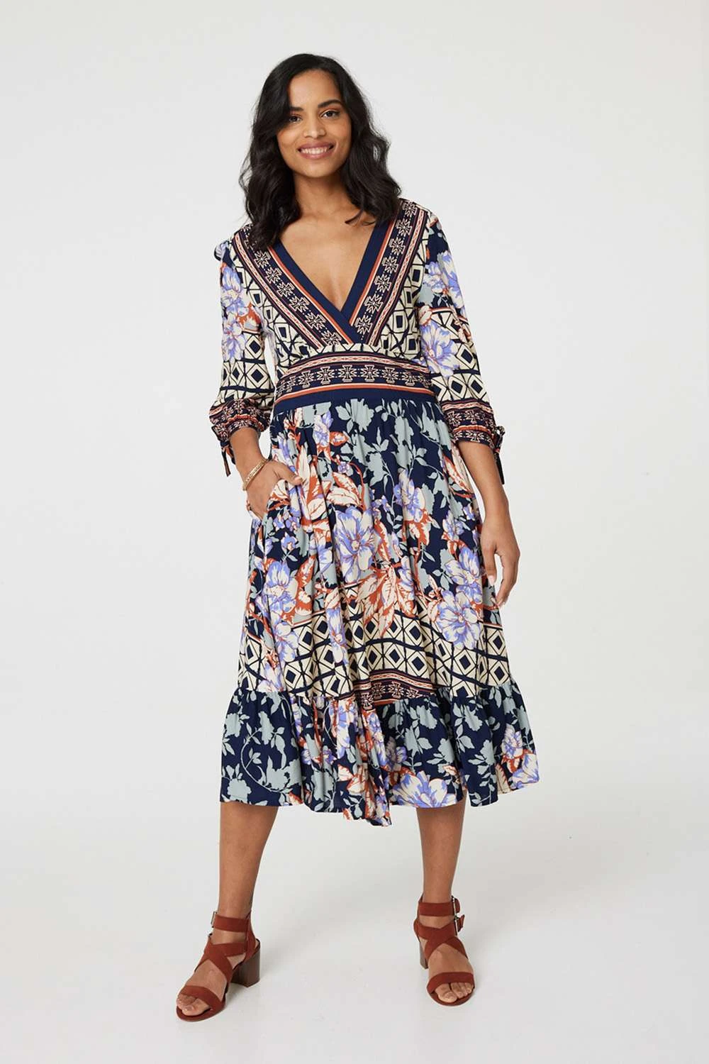 Floral Border Print V-Neck Midi Dress 3 Floral Border Print V-Neck Midi Dress - Image 3