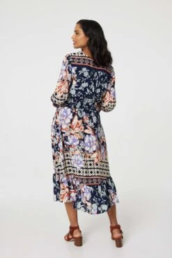 Floral Border Print V-Neck Midi Dress 13 Floral Border Print V-Neck Midi Dress -Girls Zone D169171 MULTI NAVY 2