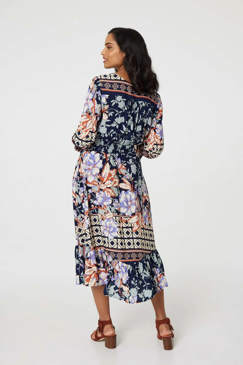 Floral Border Print V-Neck Midi Dress 5 Floral Border Print V-Neck Midi Dress - Image 5
