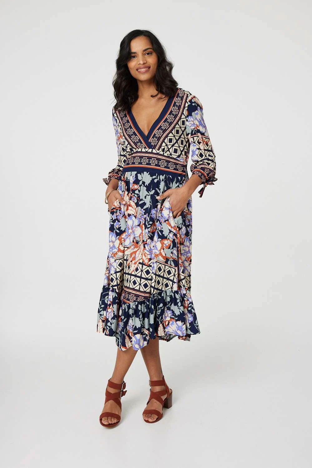 Floral Border Print V-Neck Midi Dress 8 Floral Border Print V-Neck Midi Dress - Image 8