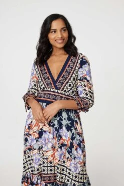 Floral Border Print V-Neck Midi Dress 12 Floral Border Print V-Neck Midi Dress -Girls Zone D169171 MULTI NAVY 4