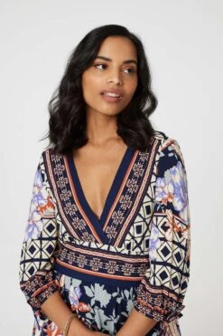 Floral Border Print V-Neck Midi Dress 15 Floral Border Print V-Neck Midi Dress -Girls Zone D169171 MULTI NAVY 5