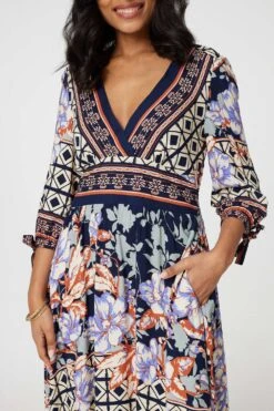 Floral Border Print V-Neck Midi Dress 14 Floral Border Print V-Neck Midi Dress -Girls Zone D169171 MULTI NAVY 6