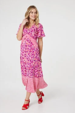 Printed Knot Front Midi Tea Dress -Girls Zone D169412 MULTI PINK 1