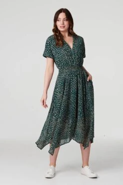 Printed Zip Front Hanky Hem Dress